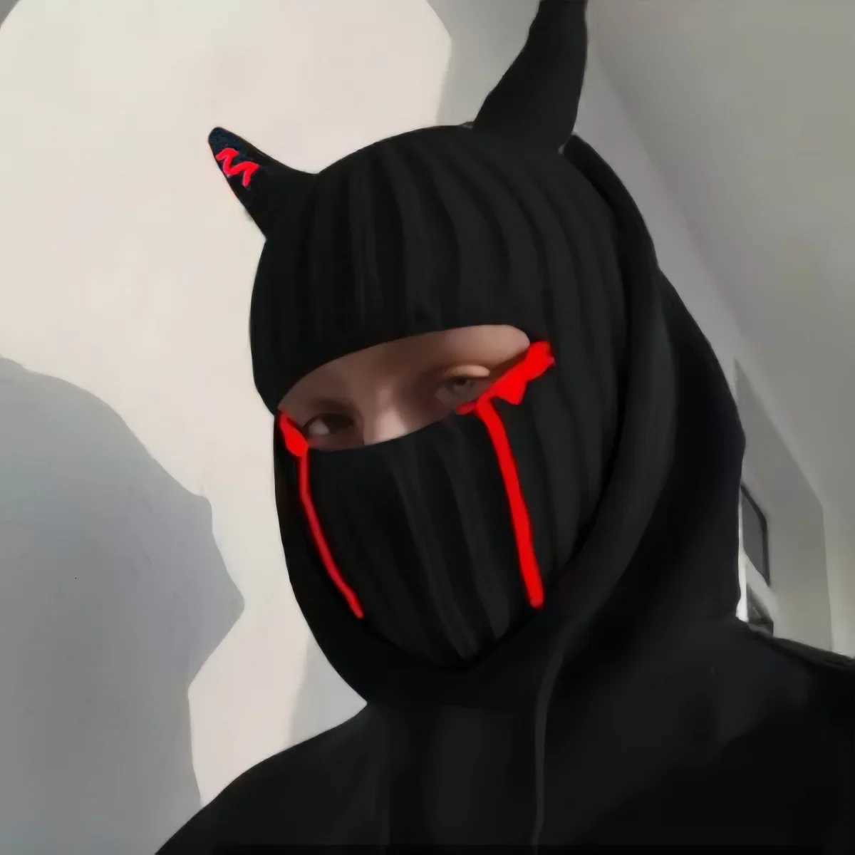 Unisex Warm Knitted Balaclava Ski Mask with Devil Horns Full Face Cover Hat for Winter Outdoor Halloween W251015