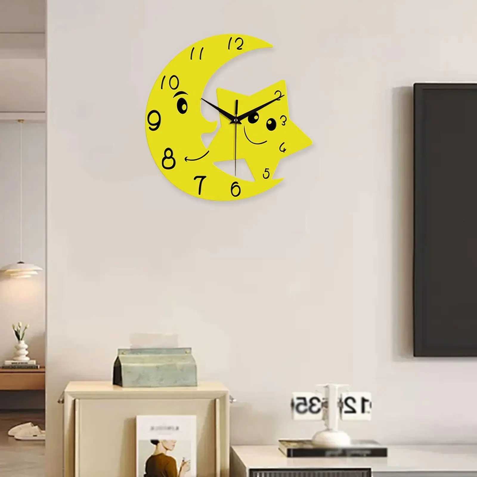 Cute Moon Star Wall Clock Mute Modern Acrylic No Ticking Decoration Wall Art Decor for Dorm Indoor Bedroom Living Room C251015