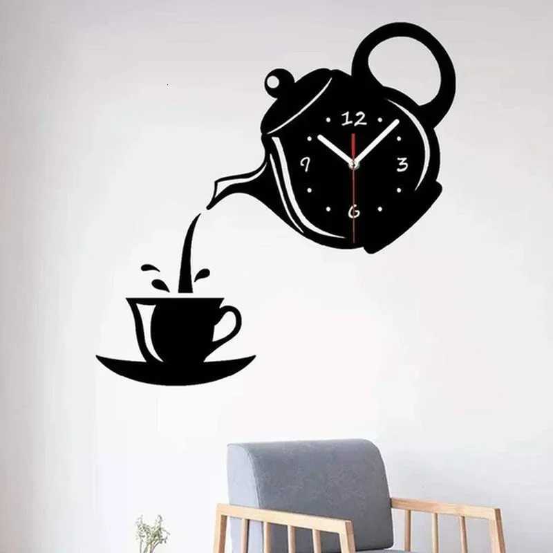 Coffee Cup Teapot Wall Clock 3D Acrylic Kettle Shaped Wall Clocks for Office Home Kitchen Dining Living Room Decoration C251015