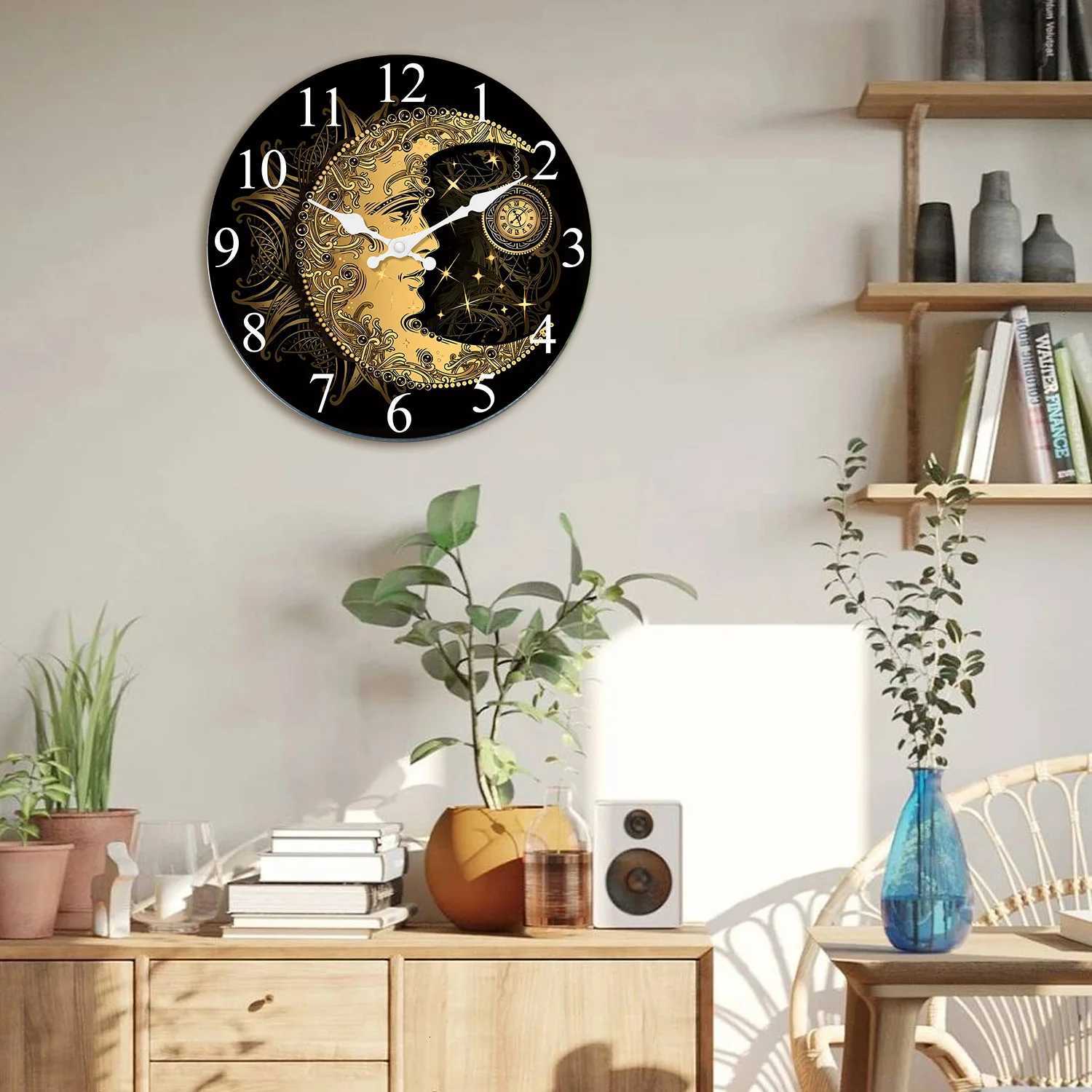 Art Sun Crescent Moon Sky Star Elephant Wooden Wall Clock Living Room Bedroom Kitchen Home Decoration Wall Clock Silent Quartz Clock Holiday Gift 10 I
