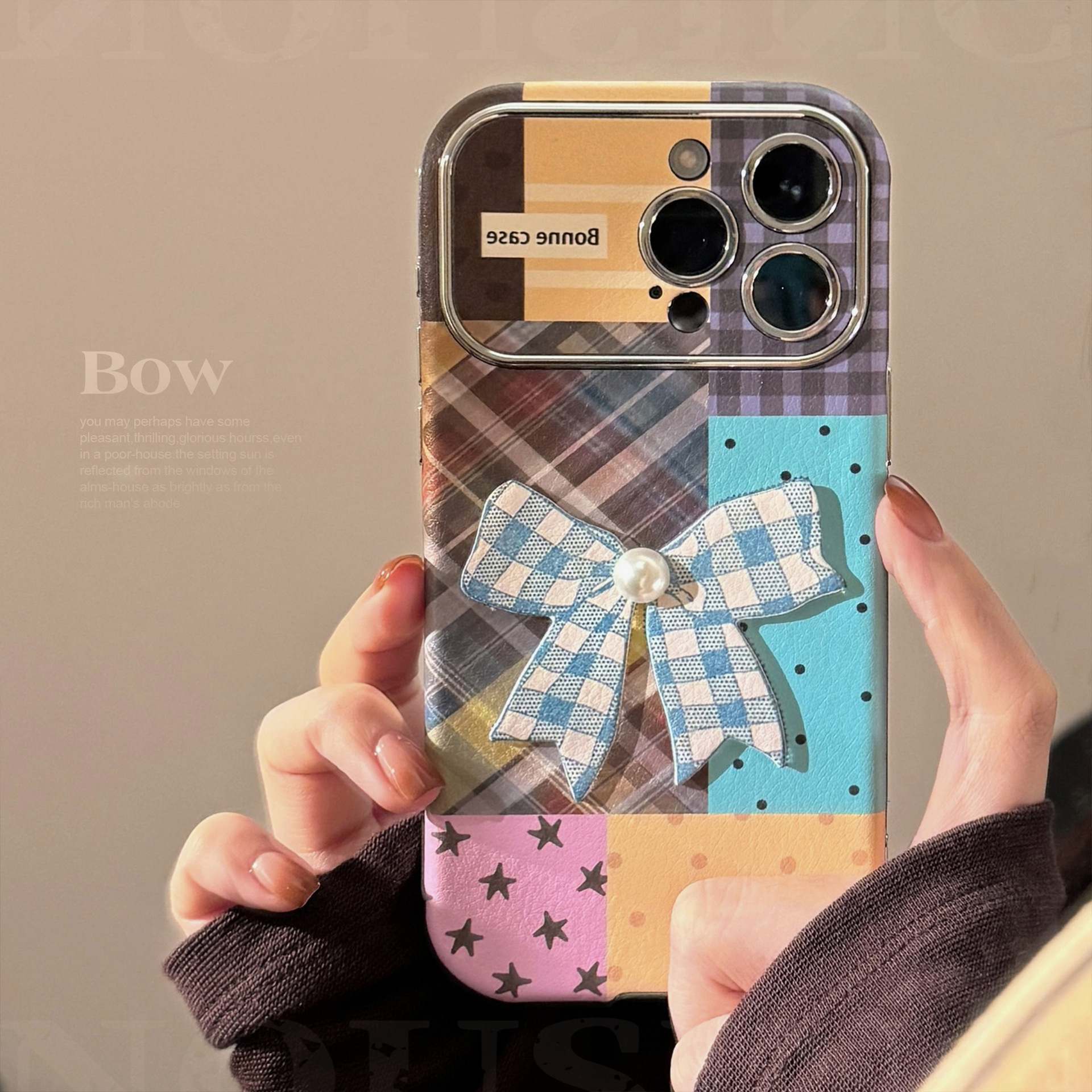 Compatible with iPhone 16 Apple Phone Case 17 Pro Max Colorful Plaid Stitching 15 3D Bow 13 Leather