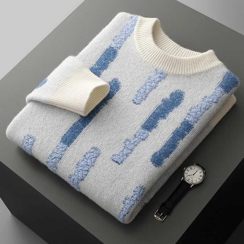 New 100 Pure Wool Cashmere Mens Oneck Pullover 2025 AutumnWinter Color Matching Top Casual Thick Fashion Large Size Jacket J251015