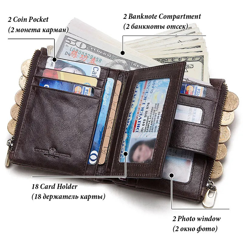 Casual Mens Wallet Genuine Leather RFID Card Holder Cowhide Zipper Coin Pocket High Quality Bifold Male Cartera Hombre 251014