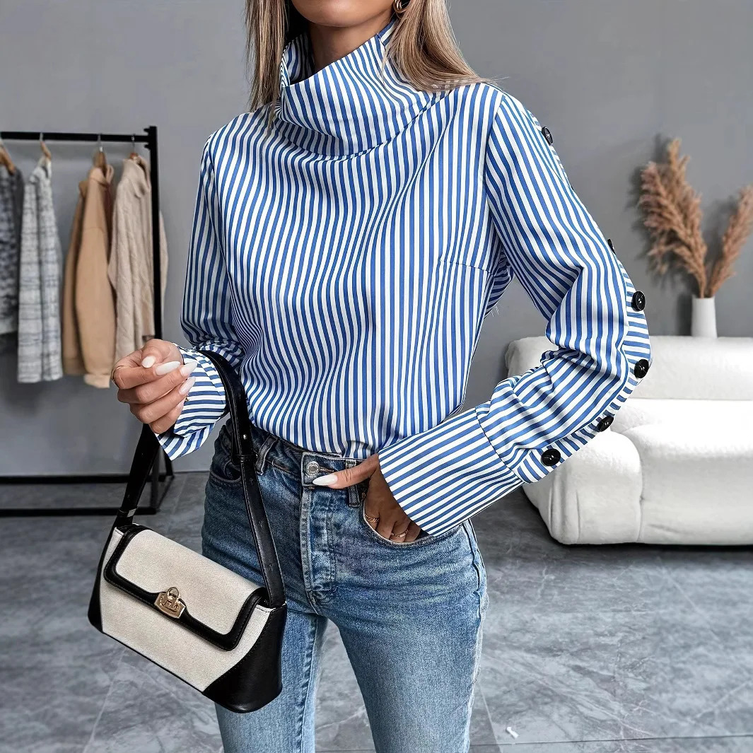 Spring Shirt Stripe Long Sleeved Top For Women Elegant Office Lady Spliced buttons Pullover Woman Blouse 2025 Blusas 251008