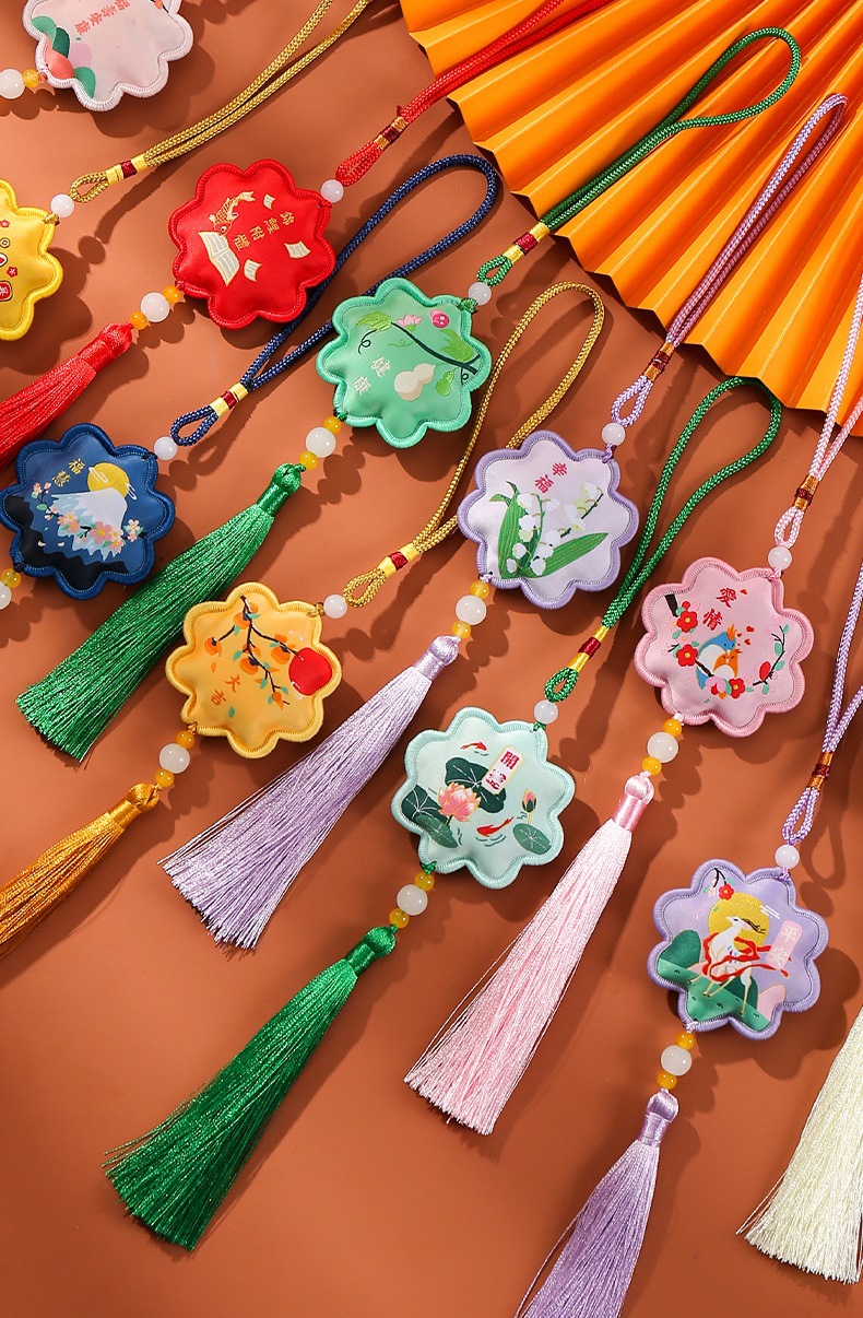 Travel-Sized Aromatic Lotus Charms: Set of 2 Embroidered Fabric Bags with Floral Design