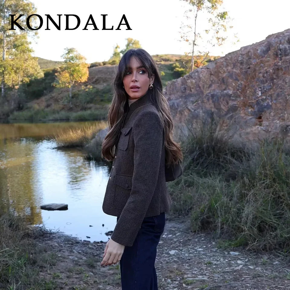 KONDALA 2025 Fall Winter Plaid Womens Vintage Jackets Fashion Country Brown Single Breasted Pockets Chic Ladies Elegant Jackets251014