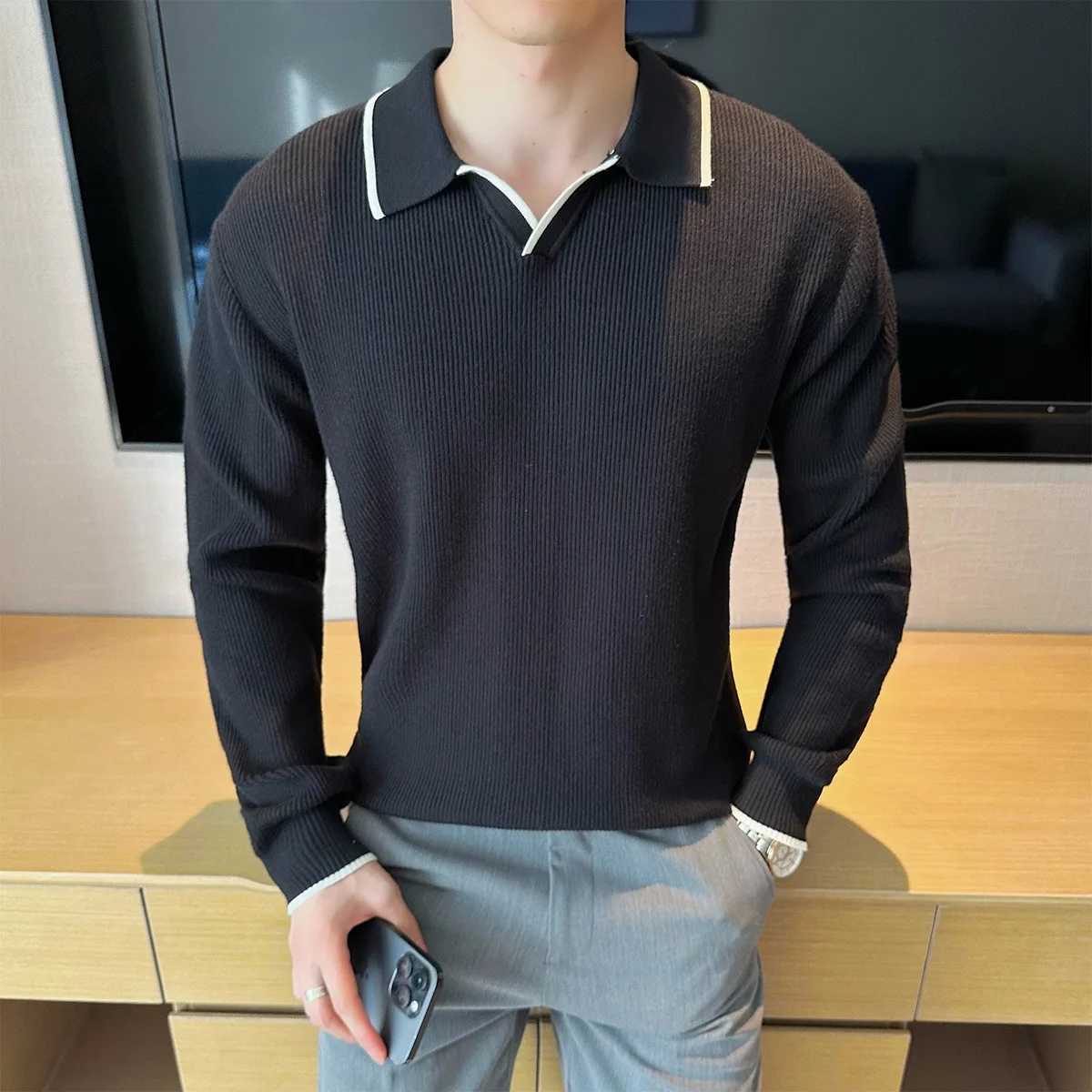 2025 Autumn Mens Vneck Sweater British Style Long Sleeved Knitted Sweater Slim Fit Casual Business Base Pullover Men Clothing J251015