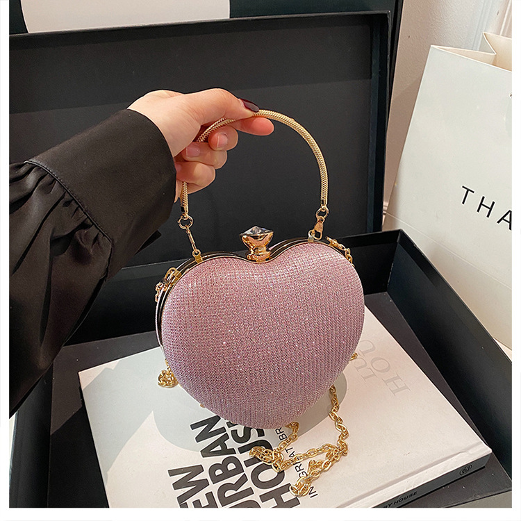 Fashion High-end Textured Versatile Chain Handbag for Weddings & Evening Parties Women's Cute Heart-shaped Mini Clutch with Rhinestones