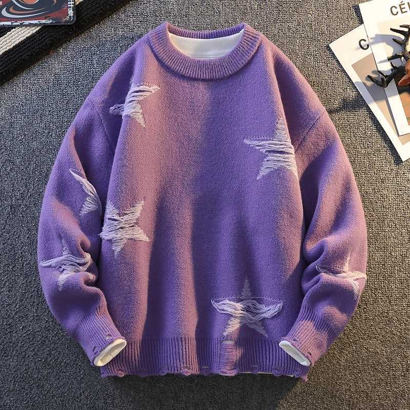 Harajuku Trend Star Pattern Knitted Sweater for Men Round Neck Pullovers Hip Hop Contrast Color Sweaters Women Men Knitwear J251015