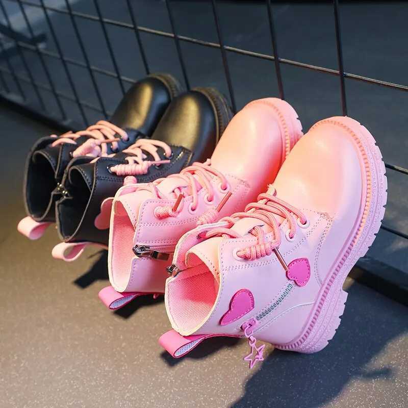 Girls Ankle Boots Fashion Princess PU Leather Rubber Outsole Childrens Short Boots Autumn Winter Zipper Pink with Love HeartT251015