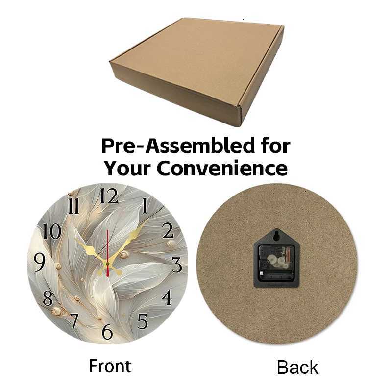 Feathered Design Wooden Round Silent Hanging Wall Clock Suitable For Living Room Office Study Room Bedroom Home Decoration C251015