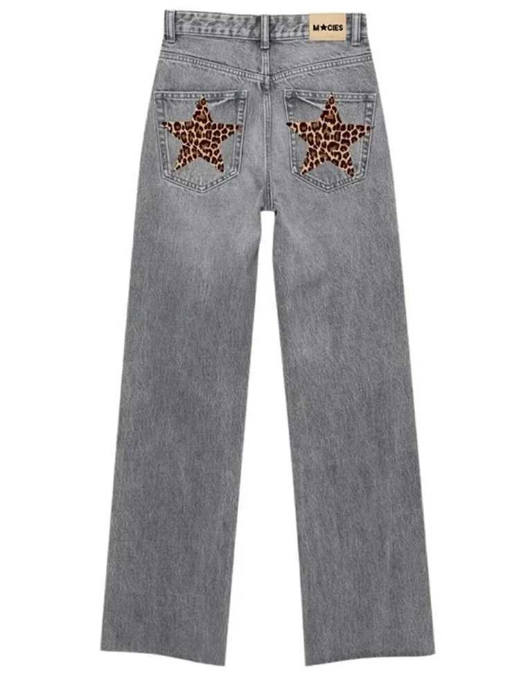 Denim belt leopard print star patch womens high waist straight legs jeans fashion clothing cleaning blue pants vintage trousers W251015