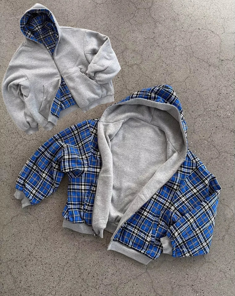 2025 Oversized Reversible Hoodie High Quality Clothing Cotton Hoodie with Plaid Lining Sweatshirt Streetwear 251013