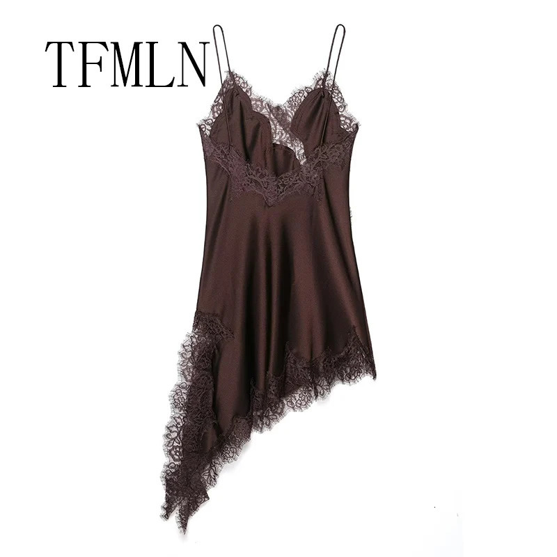 TFMLN Women Sexy Lace Splicing Dresses Summer Solid Sleeveless Asymmetry Dress Backless Slim Womens Party Sling Mini Dress251014