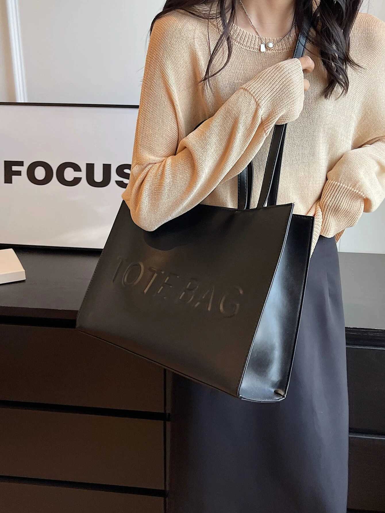 Large Capacity Fashionable Tote Bag With Letter Print Fashion Solid Color Simple Crossbody Bag Women Casual Handbag Shoulder BagW251015