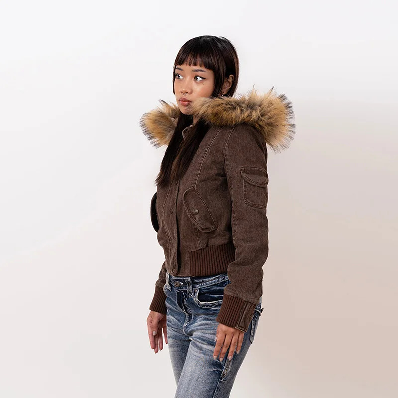 Vintage Brown Short Hooded Jacket Womens Full Sleeve Slim Detachable Fur Collar 2025 Winter Autumn Female Outerwear 251008