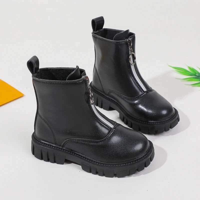 Childrens Platform Ankle Boots Autumn New Black Boots for Girls School Causal Nonslip Kids Fashion Leather Boots Front ZipperT251015