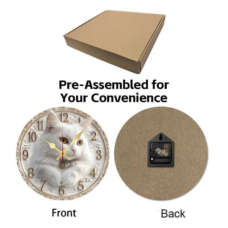 Elegant Cat Themed Wooden Round Silent Hanging Wall Clock Suitable For Living RoomOffice Study Room Bedroom Home Decoration C251015