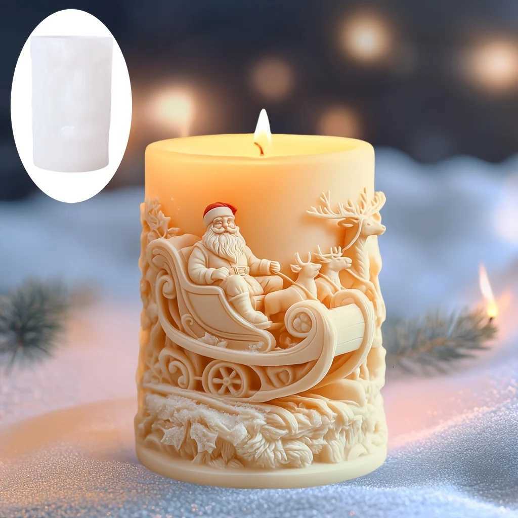 3DReindeer riding Santa Claus cylindrical candle silicone mold Christmas tree snowflake snow forest reindeer resin molds C251015