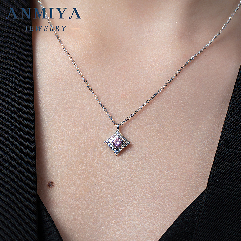 New Arrival Round Brilliant Cut Ice Cubic Zirconia 925 Sterling Silver Pendant Trendy Pink Necklace for Anniversary