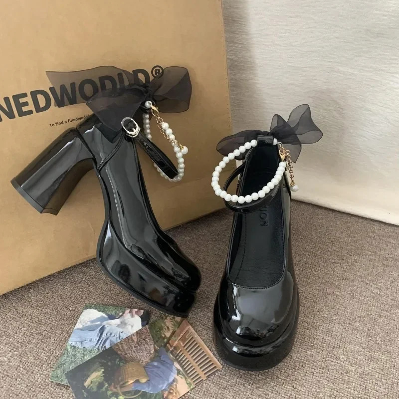 Mary Jane Shoes Womens Spring Ultrahigh Heel Pearl Chain with Platform Block Heel Wedding Shoes Lolita Shoes 251010