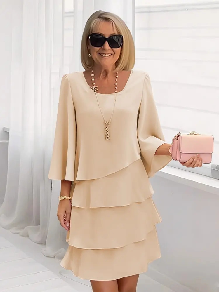 Womens Fashion Cake Skirt 34 Bell Sleeve Crewneck Tiered Layered Flowy Dress Party Wedding Outfits 251013