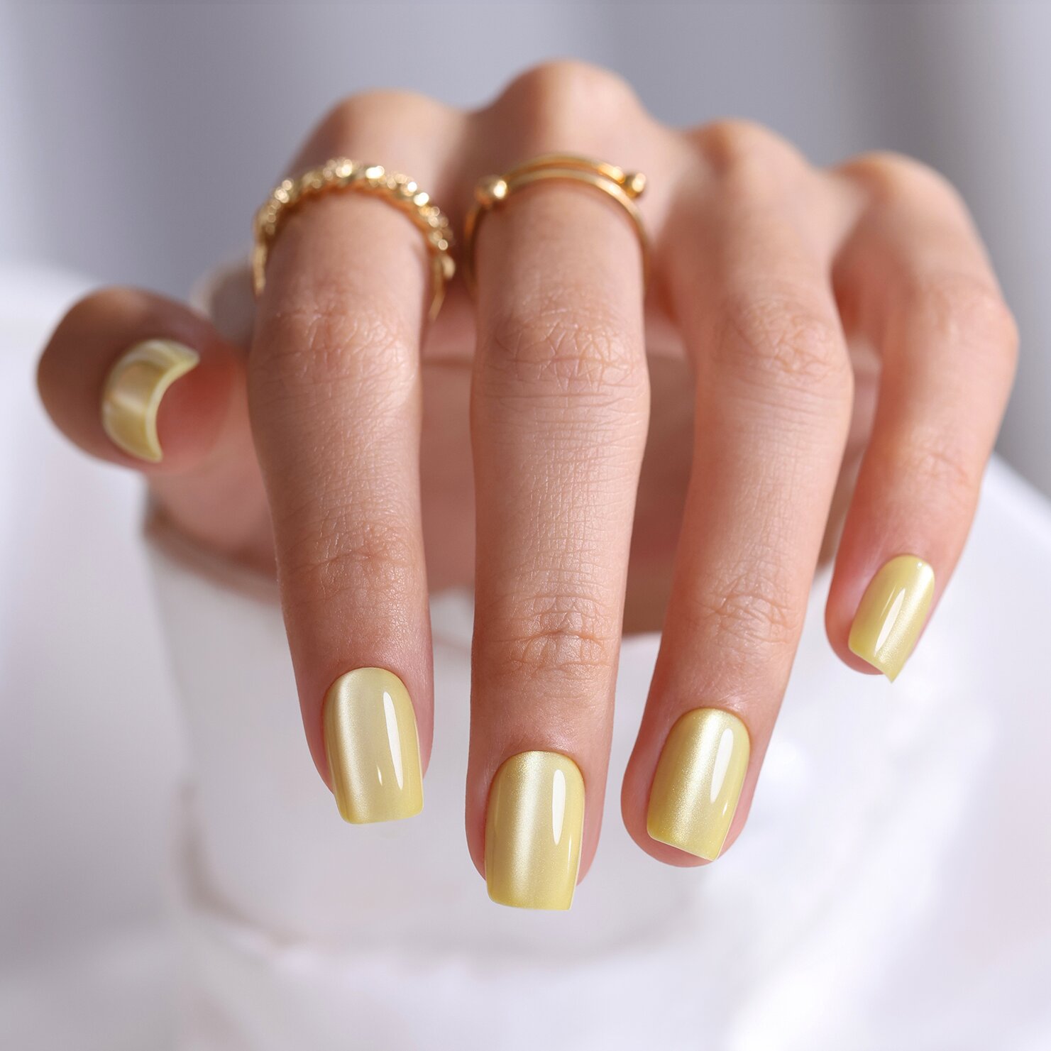 light yellow cats eye press nail short style soft gel square suitable for womens gifts shiny nail glue available in 16 sizes 32 reusable fake nail set