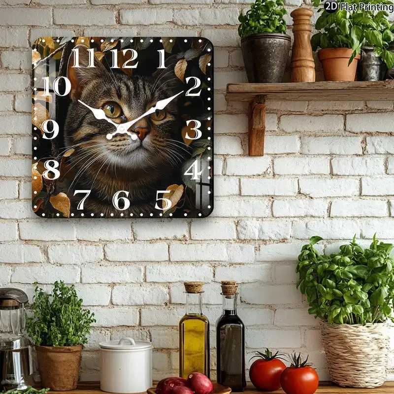 Vintage 2DFlat Tabby Cat Portrait Wooden Silent Quartz square Wall Clock Perfect Christmas gift for friends C251015