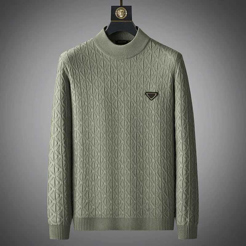 Minglu Autumn Winter Knitted Mens Sweaters Luxury Long Sleeve Mock Turtleneck Jacquard Solid Color Casual Pullover Man Sweaters J251015
