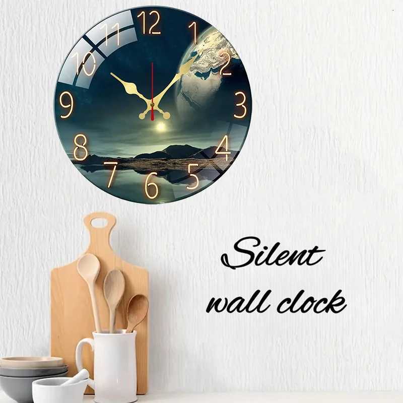 Earth Landscape Wooden Round Silent Hanging Wall Clock Suitable For Living Room Office Study Room Bedroom Home Decoration C251015