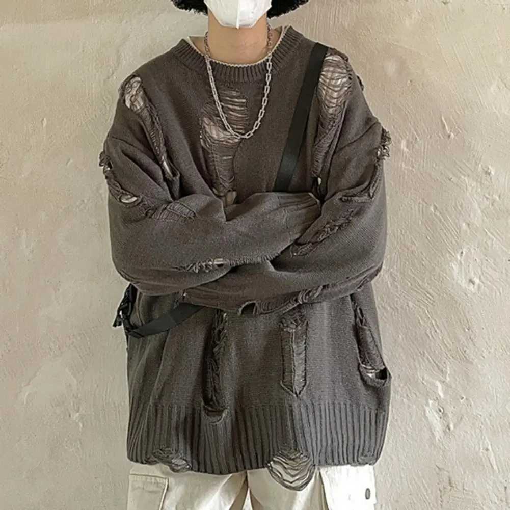 Long Sleeve Sweater Streetwear Mens Sweater Hip Hop Style Ripped Twopiece Design Knitted Round Neck Soft Warm Fallwinter J251015