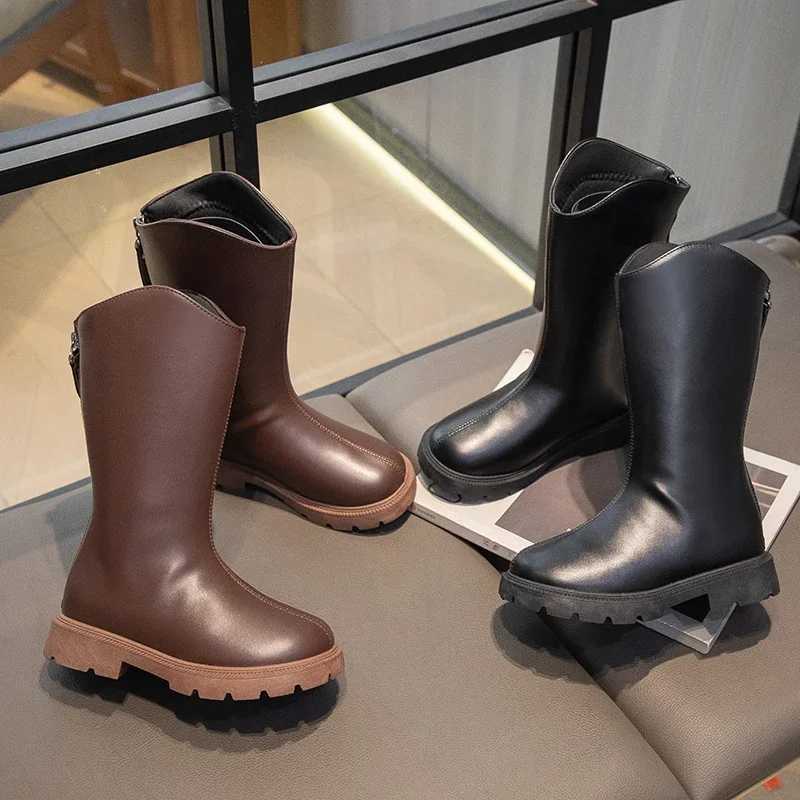 Fashion Childrens School Leather Boots Classic Black Brown Girls Causal Platform Boots Roundtoe Kids Catwalk Midcalf BootsT251015