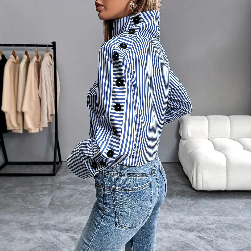 Spring Shirt Stripe Long Sleeved Top For Women Elegant Office Lady Spliced buttons Pullover Woman Blouse 2025 Blusas 251008