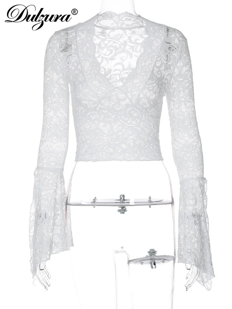 Dulzura VNeck Long Slit Flare Sleeves Lace TShirt See Through Sexy Crop Top Party Clubwear Autumn Winter Y2K 251015