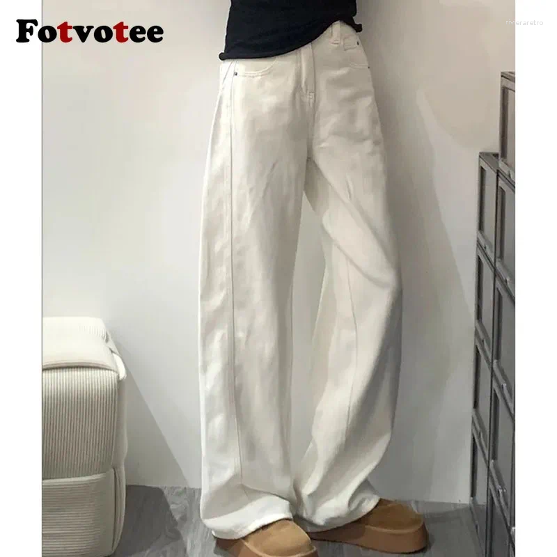 Women's Jeans FOTVOTEE High Waist Wide Leg White Women Simple Solid Straight Baggy 2025 Casual Fashion All-match Lady Trousers Z260313