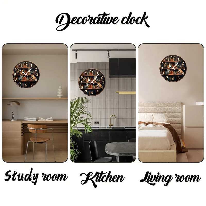 Bookshelf With Cats Wooden Round Silent Hanging Wall Clock Suitable For Living Room OfficeStudy RoomBedroom Home Decoration C251015