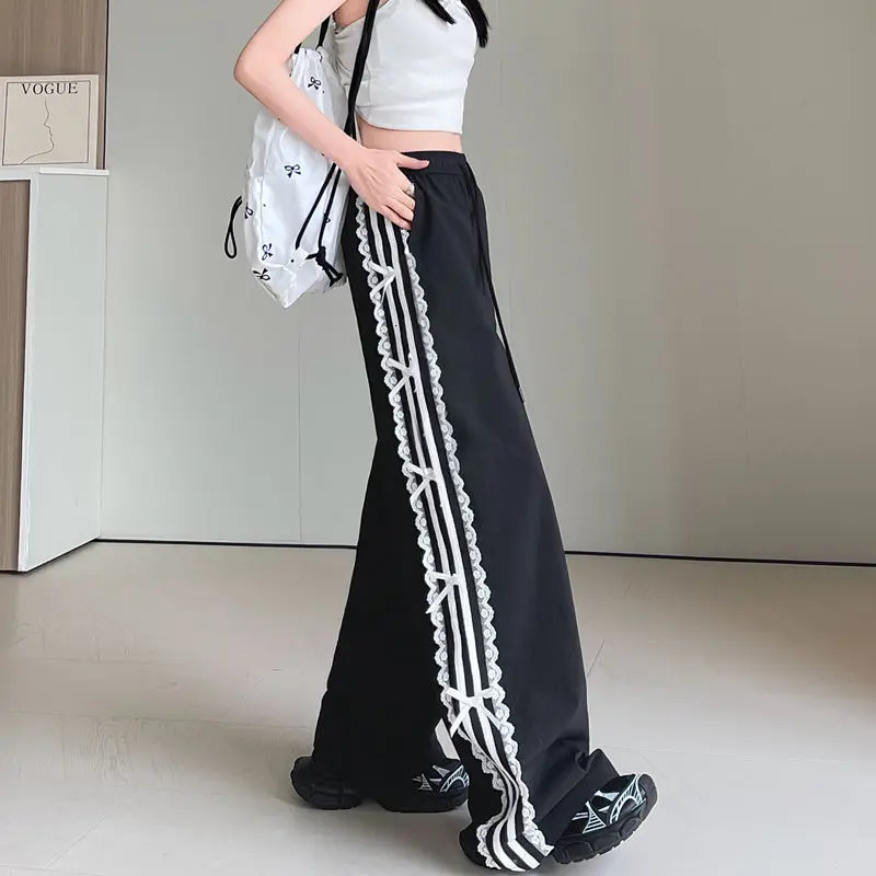 Black Trousers Elastic Waist Lace White Edge Strip End Foot Sweatpants Sports Pants Women sweet girls loose casual Z260314