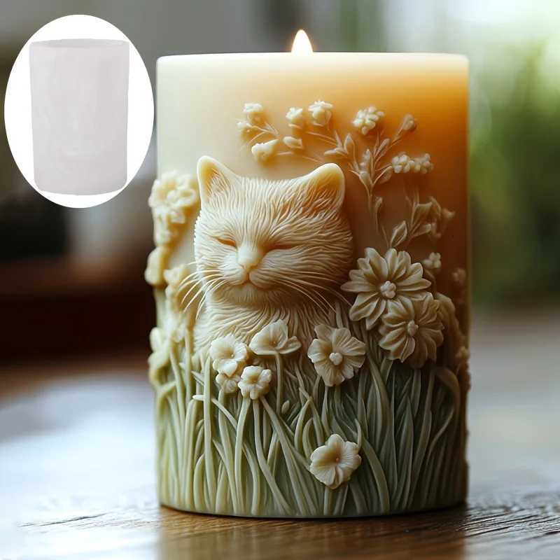 Cute Cat Cylinder Candle Silicone Mold Pet Cat Flower Plant Cylinder Resin Mould Cats Cylinder Gypsum Molds C251015