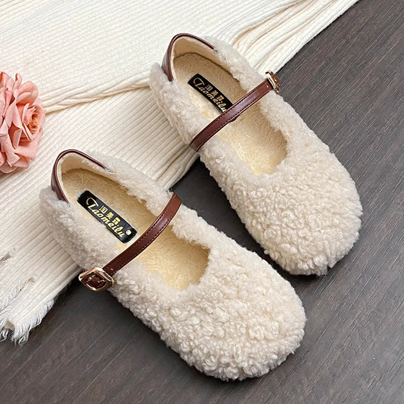 Patchwork WoolLeather Mary Janes Women Strap Buckle Flats Furry Shoes Ladies Cotton Loafers Female Fuzzy Fur Mocasines Mujer 251013