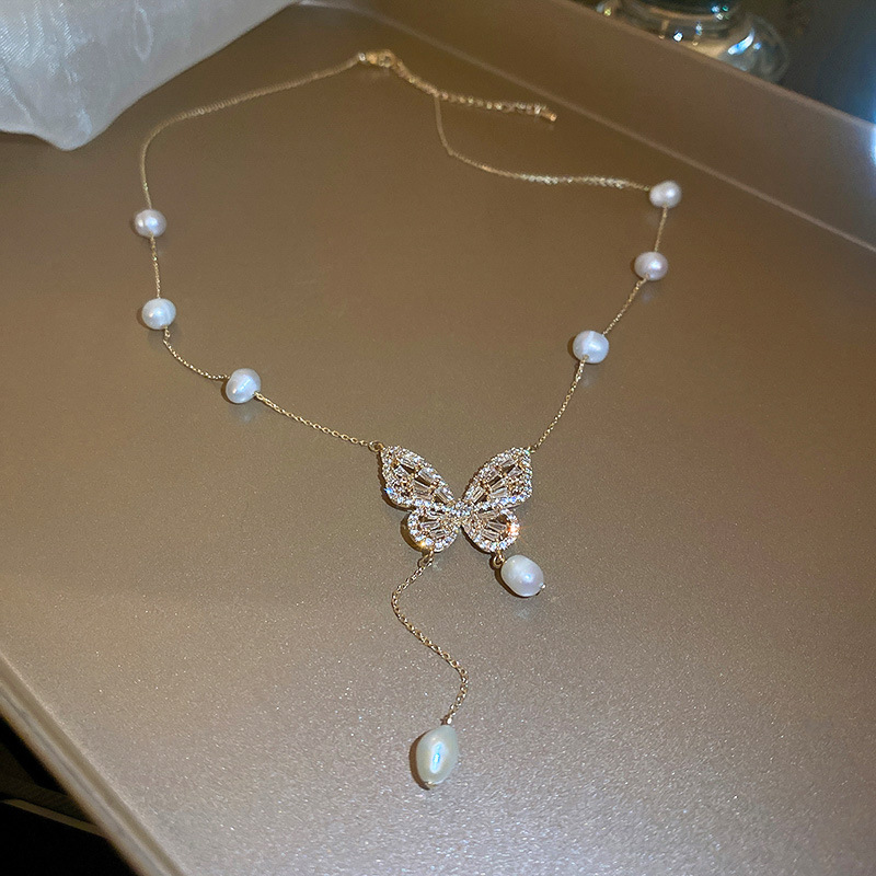 Real Gold Plated Freshwater Pearl Micro Inlaid Zircon Butterfly Tassel Necklace Design Sense Collarbone Chain Elegant Ins Style Jewelry - view 3