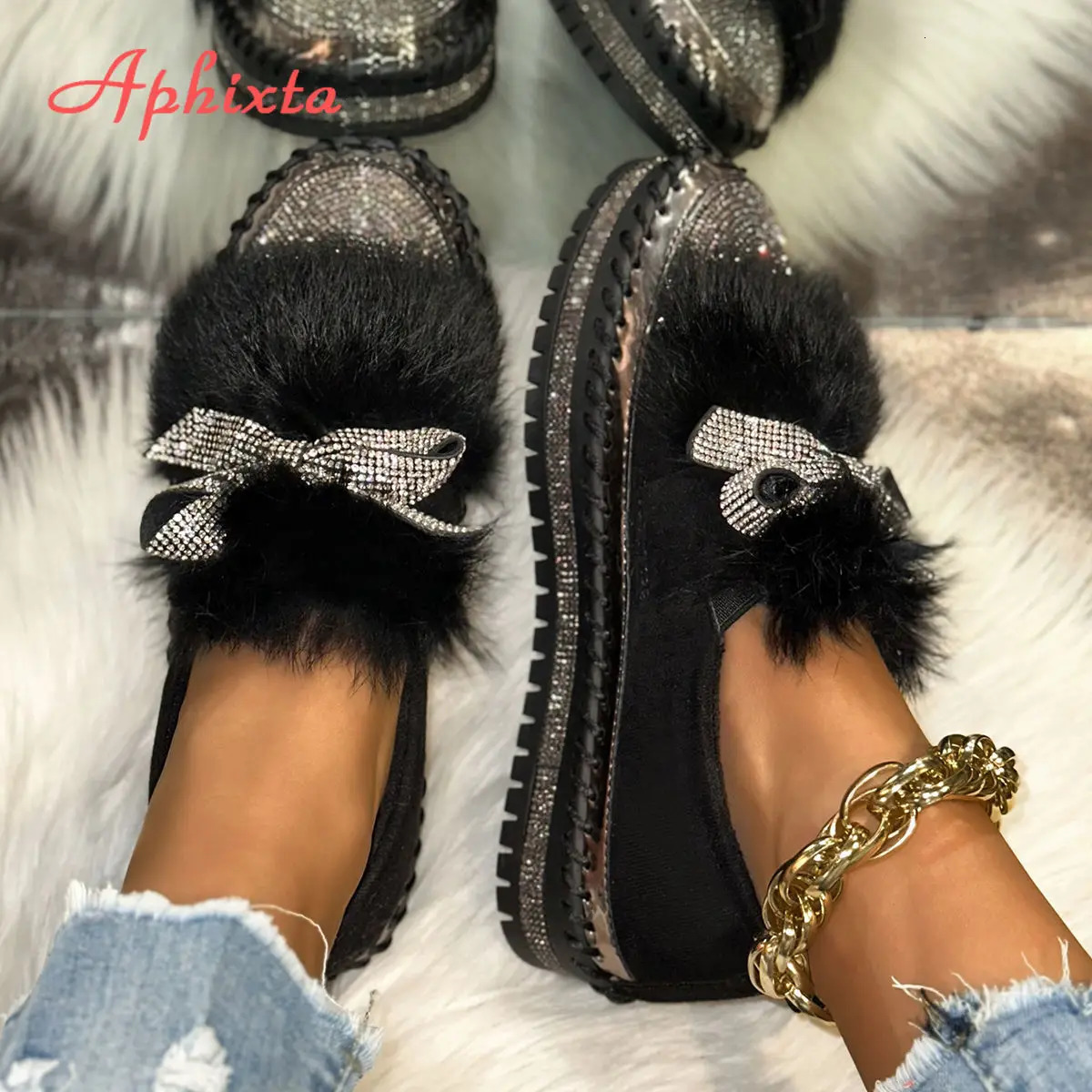 Aphixta Furry Crystal Bow Dec Womens Casual Shoes 3cm Flat Platform Loafers Short Plush Warm Autumn Winter Woman Flats Size 43 251013