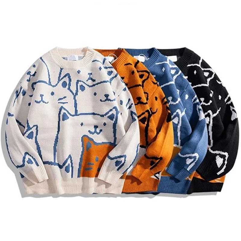 Cartoon Cat Knitted Sweater Men Japanese Retro Harajuku Knitwears Pullover 2023 Winter Women Tops Oversized Vintage Sweater J251015