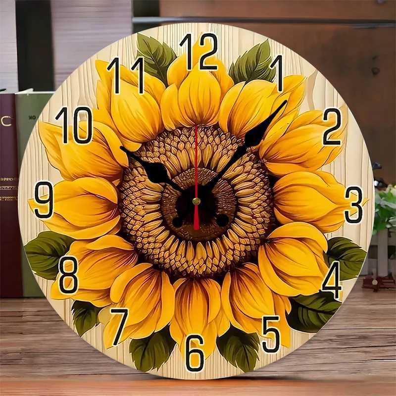 Yellow Sunflower Wooden Round Silent Hanging Wall Clock Suitable For Living Room Office Study Room Bedroom Home Decoration C251015