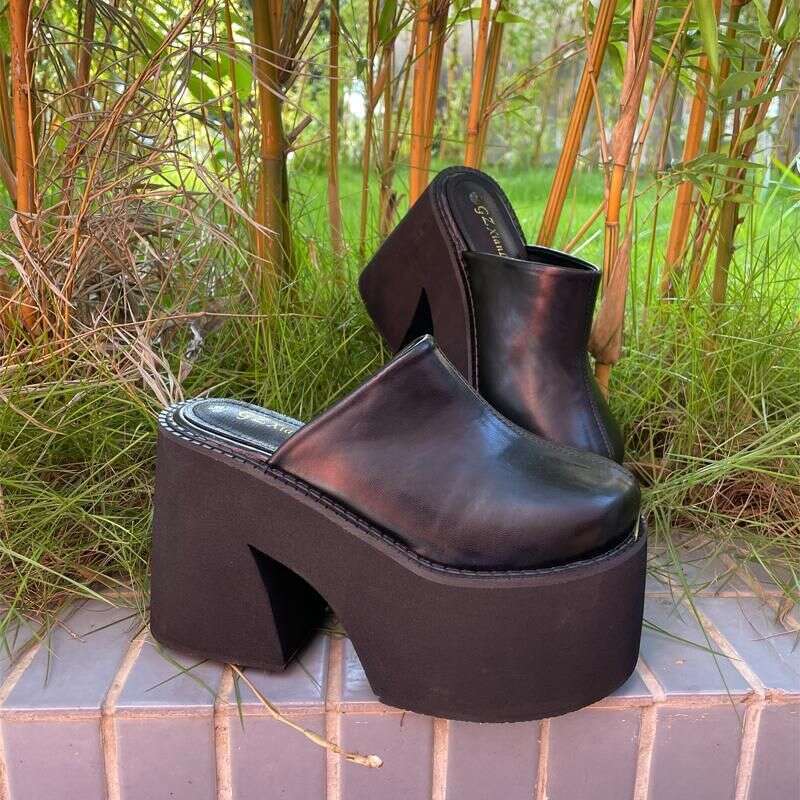 Closed Toe Mules Chunky Heels Shoes Women Thick Bottom Black High Platform Slingback Daily Wear Comfortable
