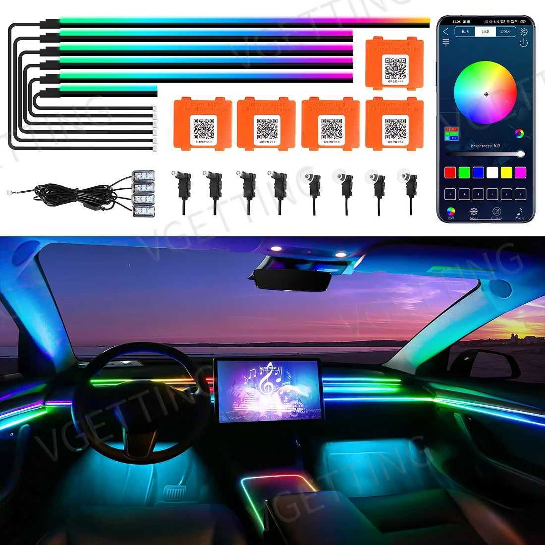 Vgetting 18 in 1 Car Ambient Lights Symphony LED Interior Acrylic Strips Atmosphere Light Button APP Control RGB 64 Colors 12V X251015
