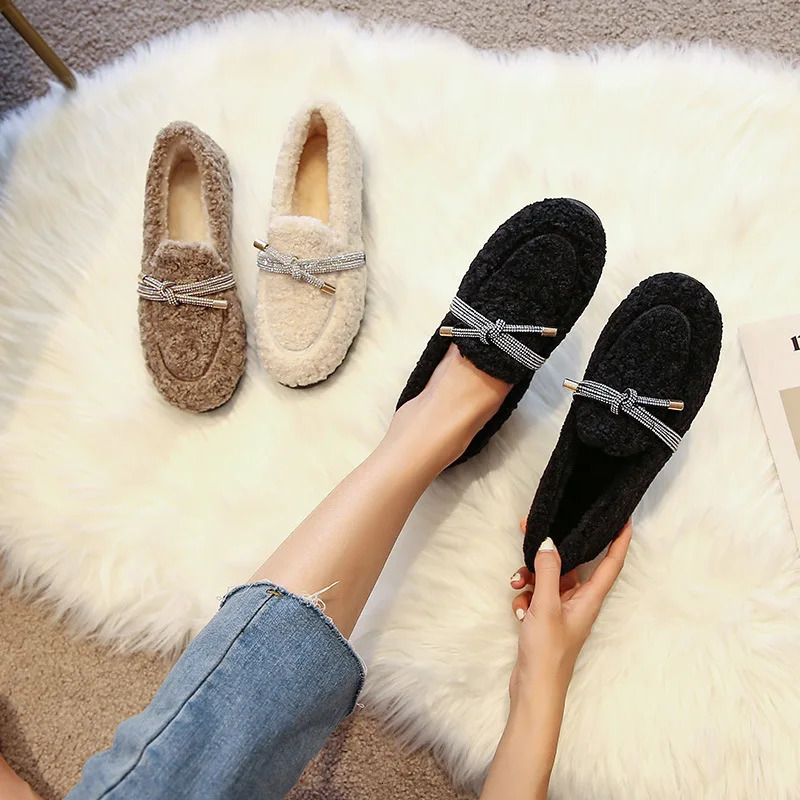 Curly Fur Shoes Woman Glitter Bowtie Cotton Flats Lambswool Loafers Ladies Winter Footwear Cashmere Plush Shoes Comfy Moccasins 251013