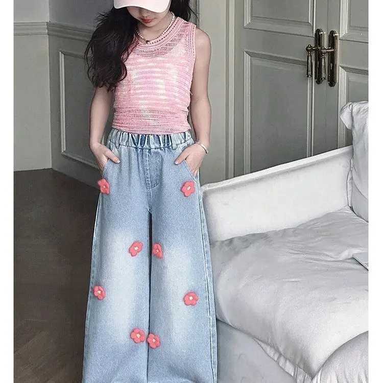Kids Jeans Flowerdecorated Wideleg Pants Baby Girl Jeans Girls Pants Kids ClothesT251015