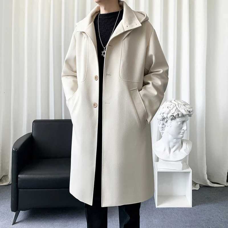 Autumn Winter Blends Coats Men Hooded Turn Down Collar Fashion Youthful Vitality Long Outwear Male Loose Trench Coat W251015