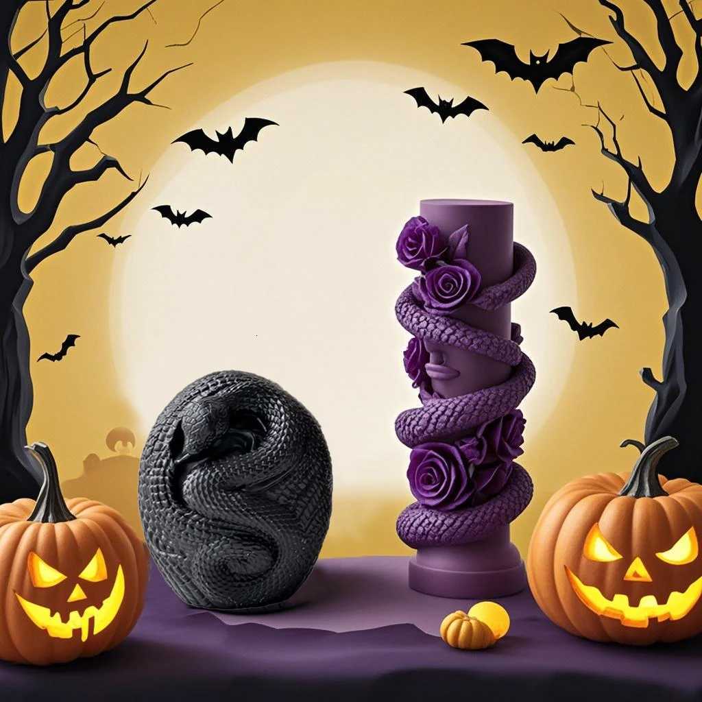 DIY Geometric Skull Flower Snake Aromatherapy Gypsum Resin Mold Halloween Gift 3D Rotating Snake Candle Silicone Mold C251015