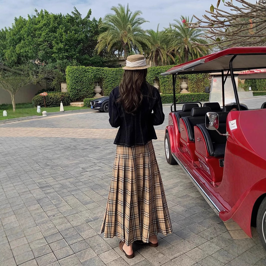 designer Pleated Plaid New Low Waist A-line Long Skirt for Women
